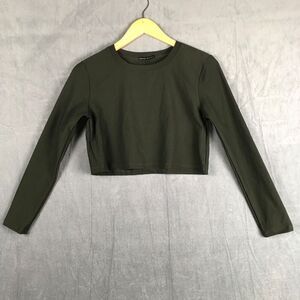Donna Mizani Crew-Neck Cropped Long Sleeve Pullover Top Women's Sz S Green Olive